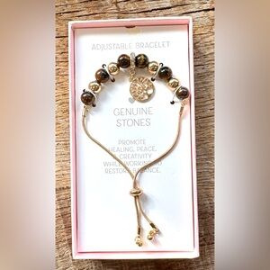 Tree of Life Gold and Brown Stone Adjustable Slider Bracelet